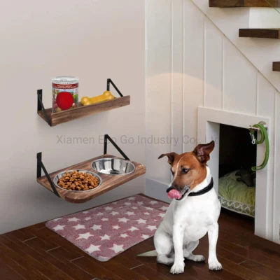 Cuencos para perros Comedero elevado para mascotas montado en la pared con 2 platos de acero inoxidable para perros o gatos Cuencos para mascotas elevados de madera rústica